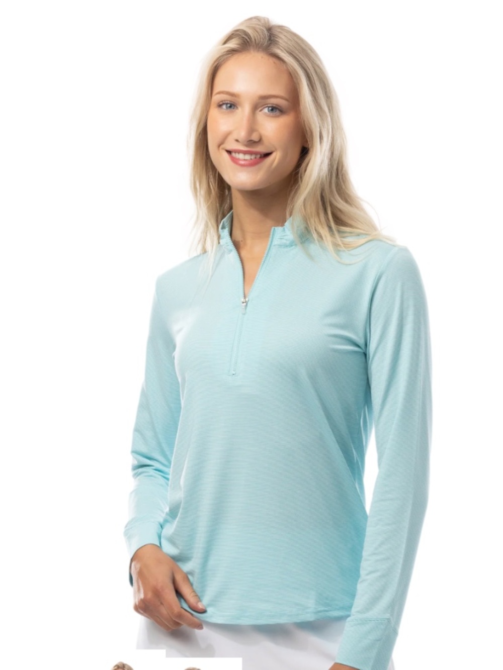 NWT SanSoleil 1/4 ZIP STRIPE MOCK TURQUOISE WHITE stripe - Size Large
